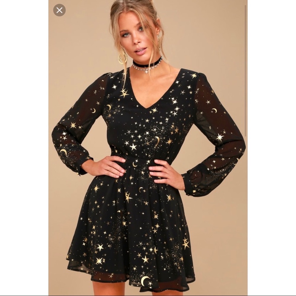 Star Moon Galaxy Black Cocktail Dress NWOT
